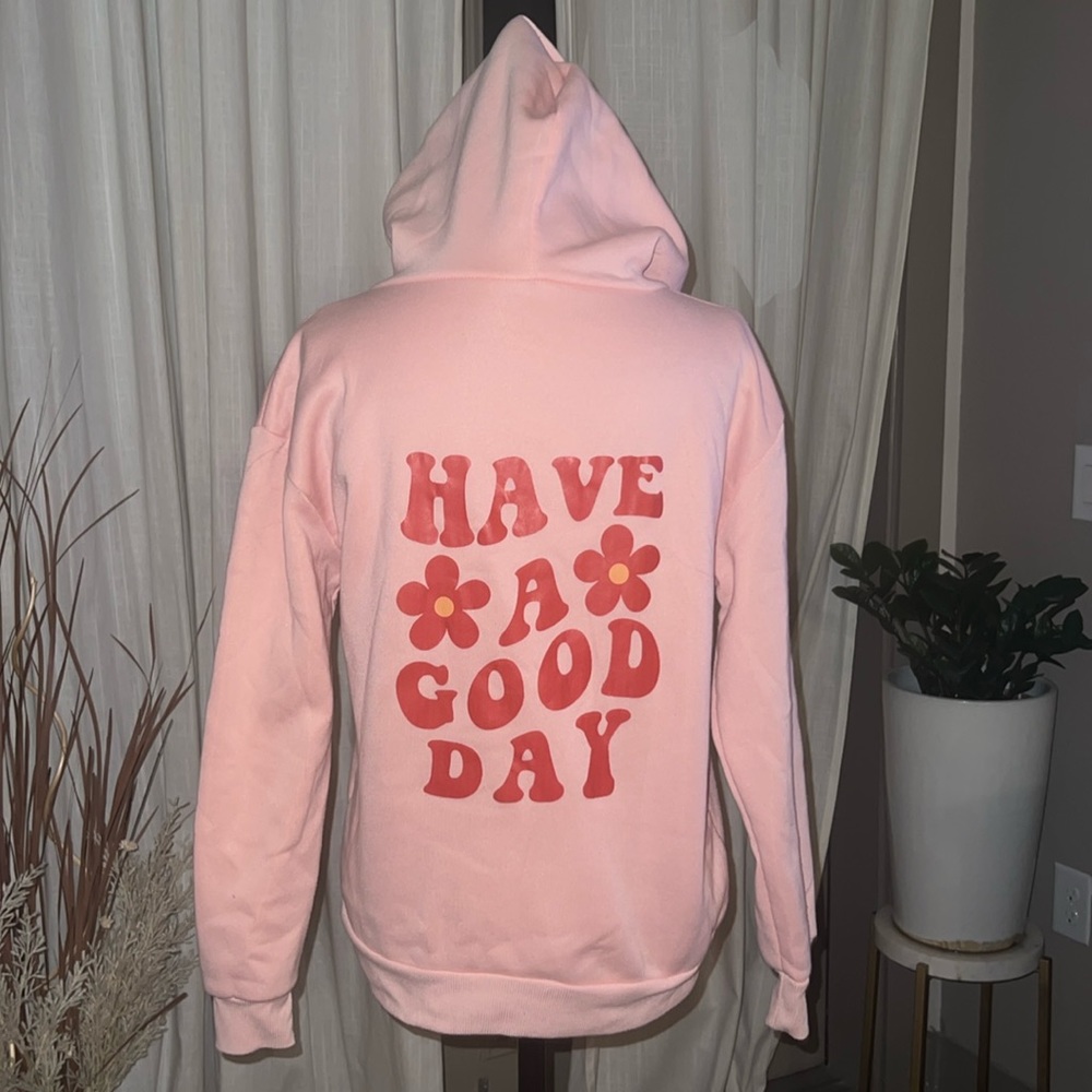 Have A Good Day SHEIN pink hoodie sweatshirt with red lettering & flowers Small